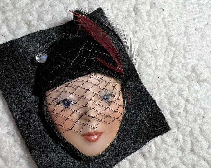 Vintage Lady Face Brooch, Retro Woman Craft Supply