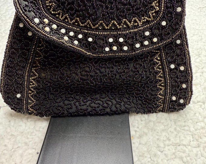 Black Beaded Antique Clutch Purse handmade in France, Small Formal Evening Bag Flapper Fashion