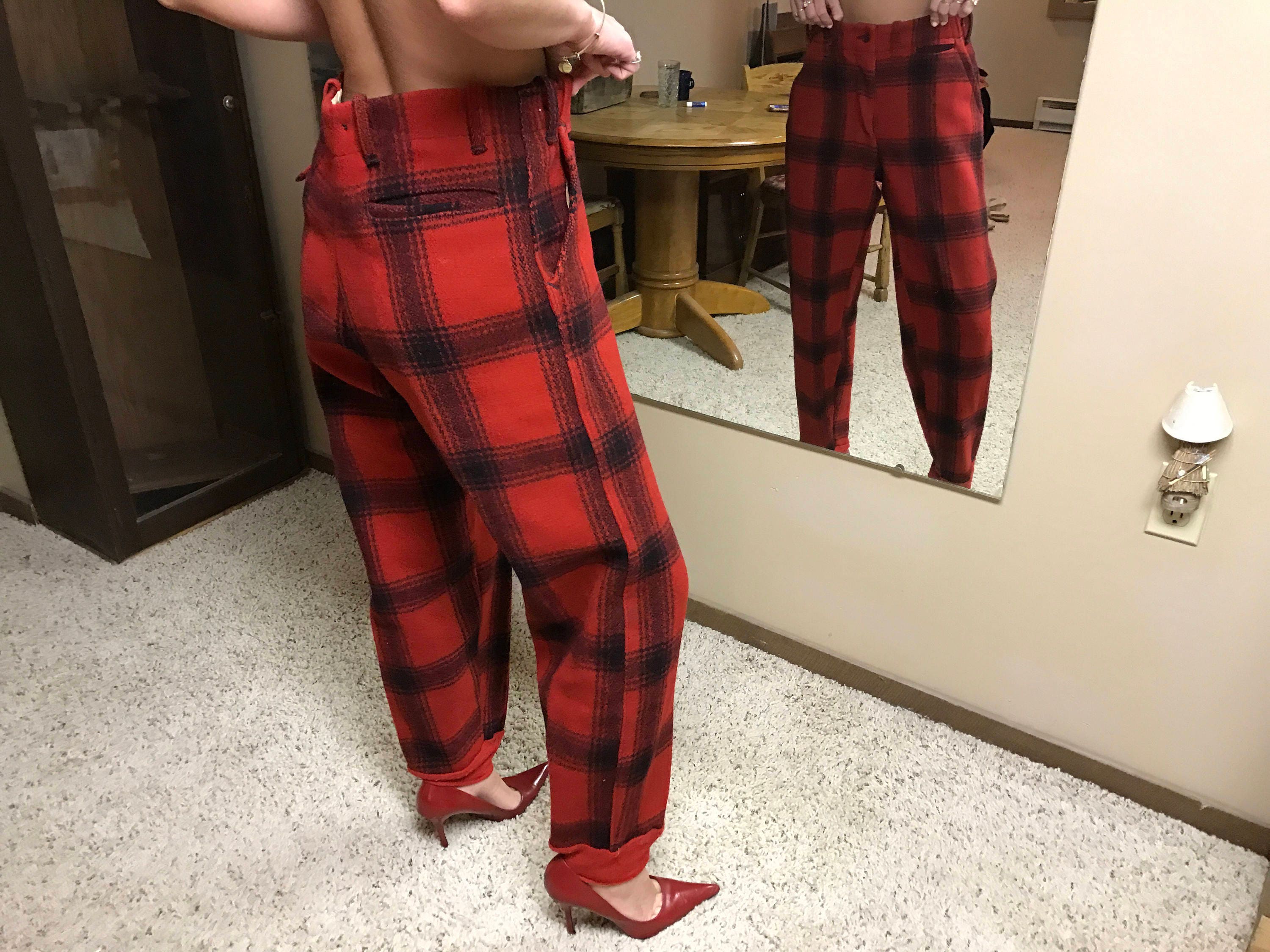 Mens vintage hunting pants Red and black plaid wool sears j c higgins