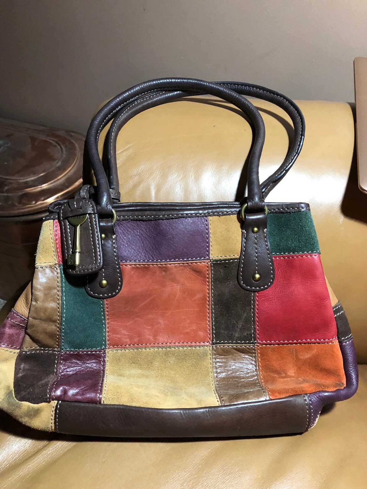 Patchwork Suede Leather Handbag, Hipster Purse, Multi Colored Bag