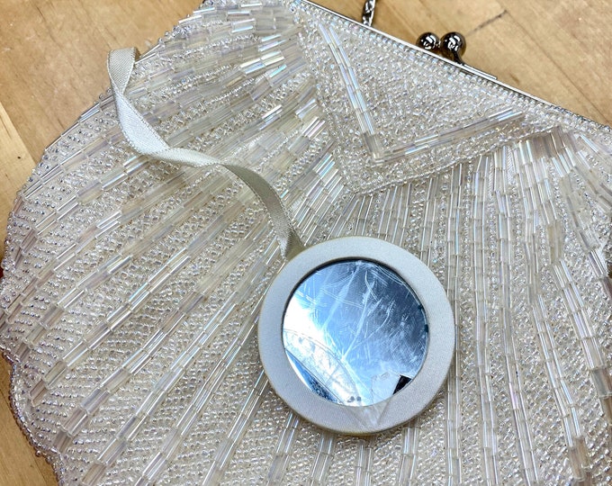 White Beaded Cocktail Handbag, Formal Evening Purse, Sparkle Shimmer Bag