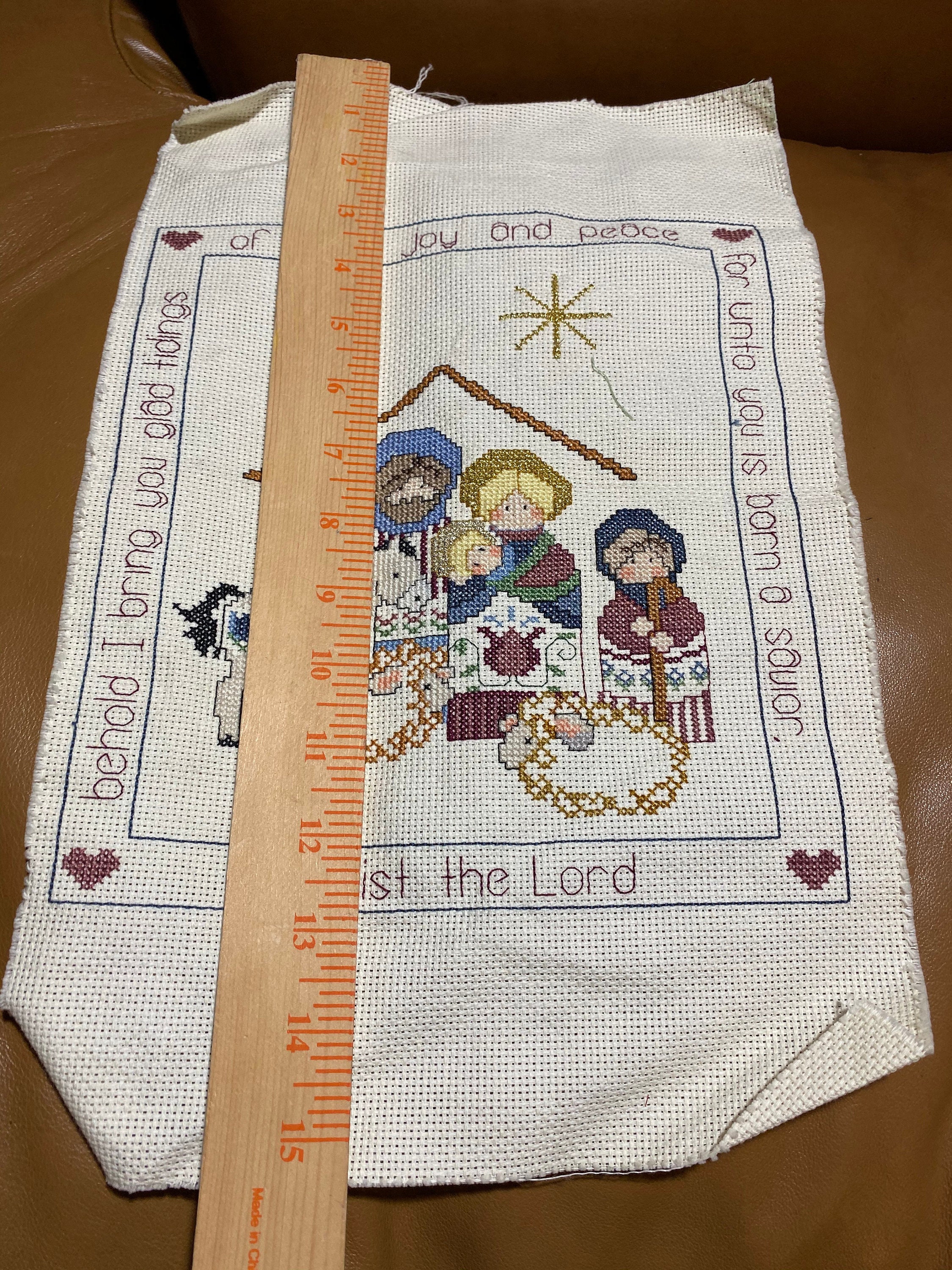 Christmas cross stitch Nativity Scene, Unframed Christmas Fabric Art