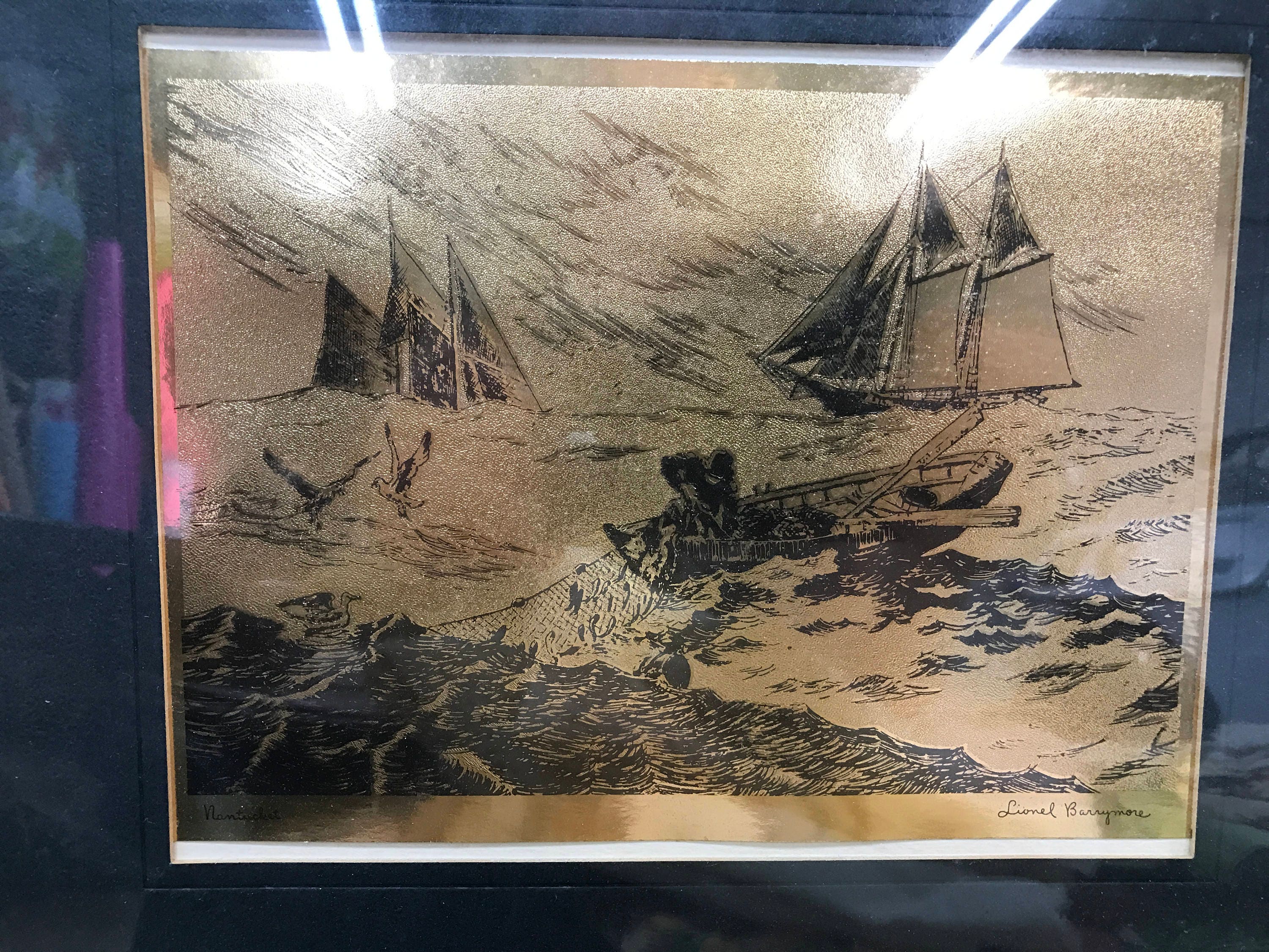 Gold Foil Etchings Lionel Barrymore Art Rocky Point and Nantucket Pictures