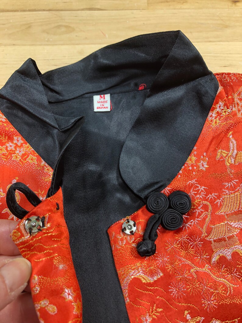Asian Landscape Silk Fabric Top Orange Silk Asian Shirt With Black Collar and Toggle Closures