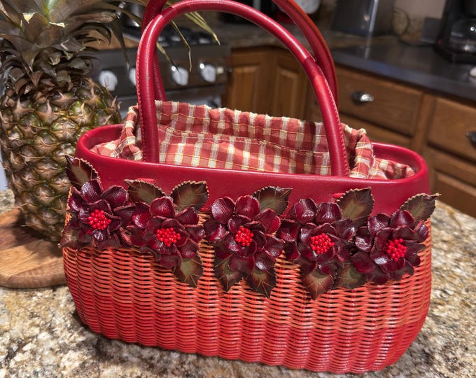 Wicker Leather Handbag Isabella Fiore Red Rose Summer Holiday Poinsettia