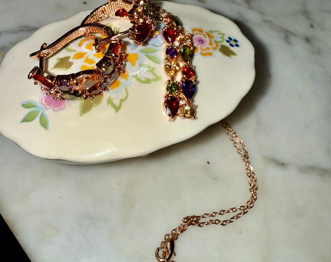 Colored Rhinestones Necklace and Pierced Earrings Set Gold Toned, Costume Jewelry Sparkle Shine Multicolor
