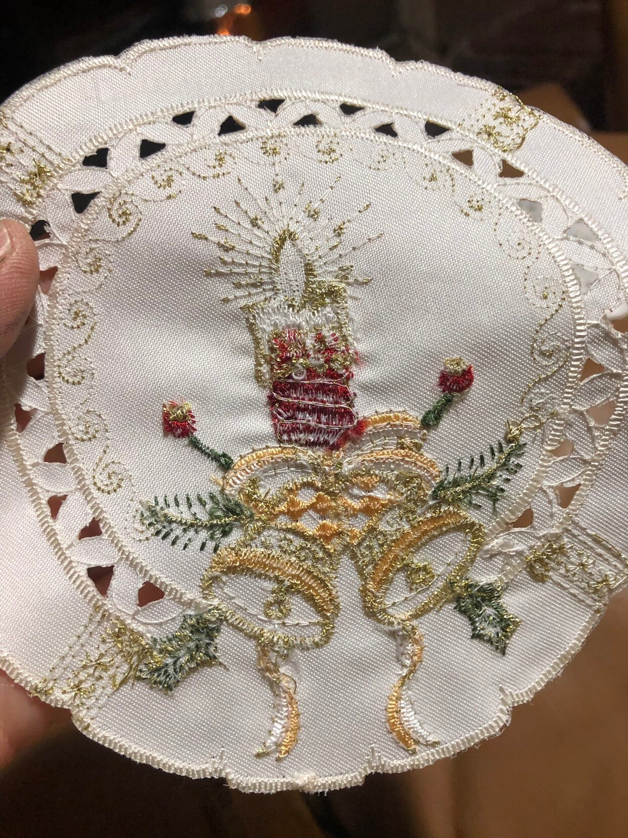 Christmas Embroidered Doily Set, Pair of Holiday Red Candle Doilies