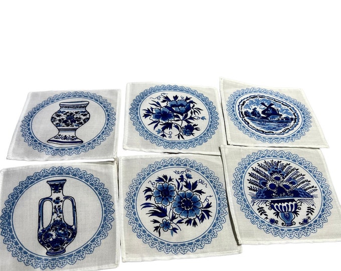 Blue and White Cocktail Napkins Set of 6, Danish Scenes With Windmill, Floral Pattern