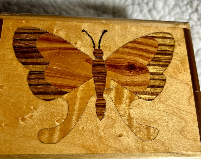 Wood Inlayed Jewelry Box, Handmade Butterfly Display, Unisex Treasure Keeper