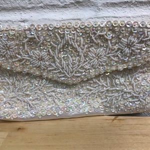 White hand beaded formal handbag, vintage satin clutch