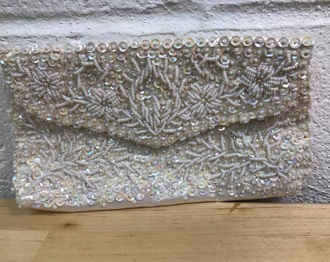 White hand beaded formal handbag, vintage satin clutch