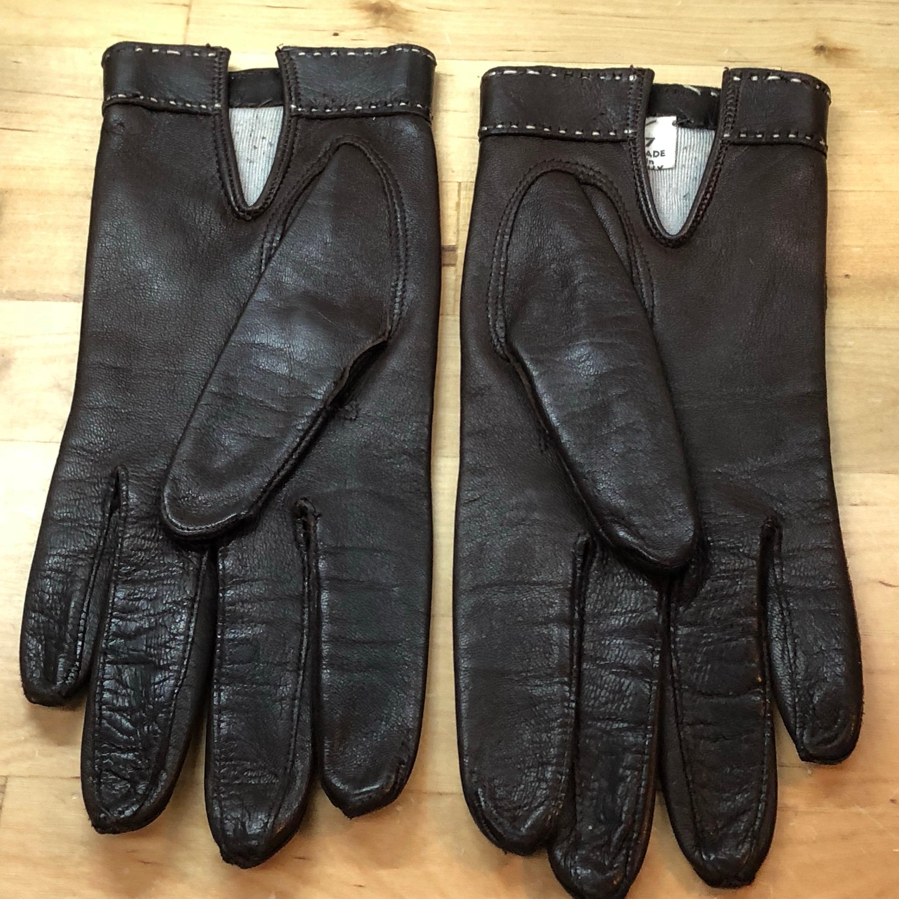 Women's Brown Leather Gloves - Vintage Gloves with Button and Stitching ...