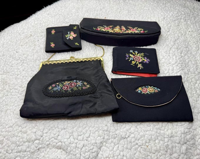Black Embroidered Clutch Wallet Handbag Vintage Set Lot Antique Accessories Kiss Lock