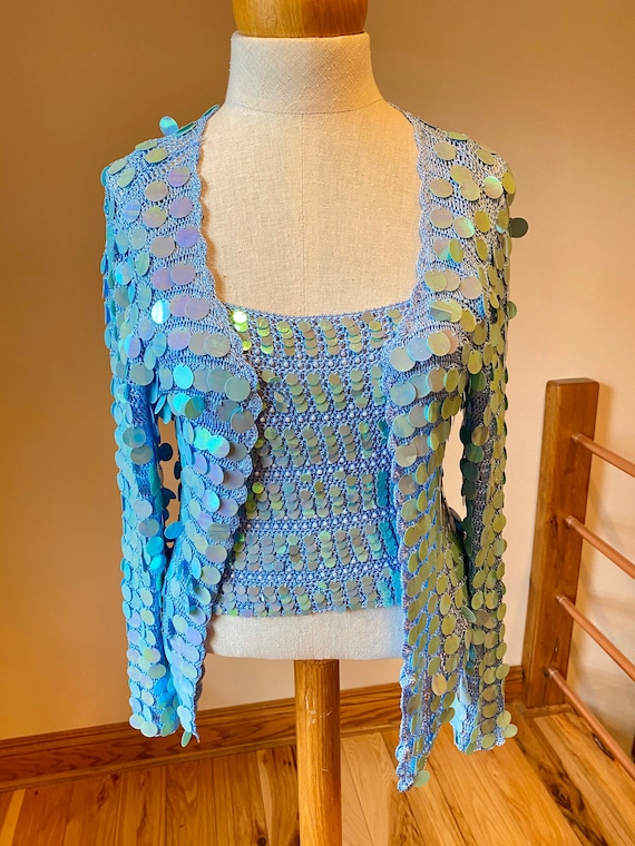 Sky blue sequins jacket set, summer beach sparkle
