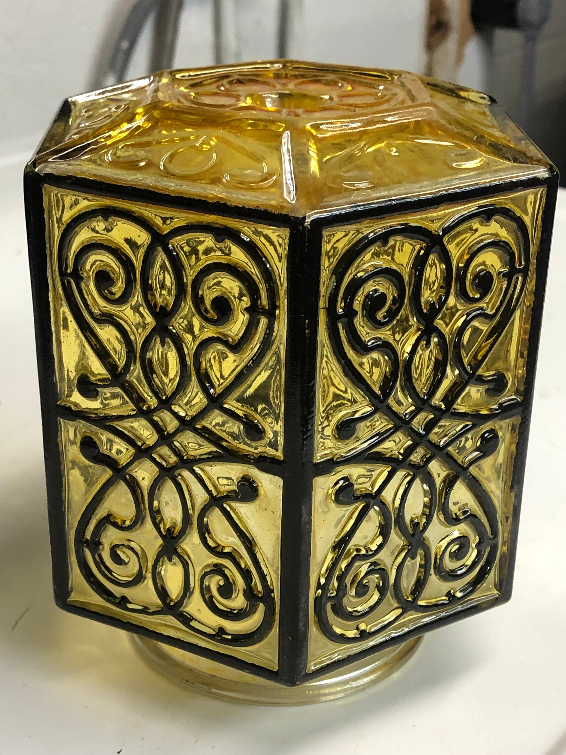 Retro Yellow Glass Light Globe Cover Black Swirled Design Gothic Mid