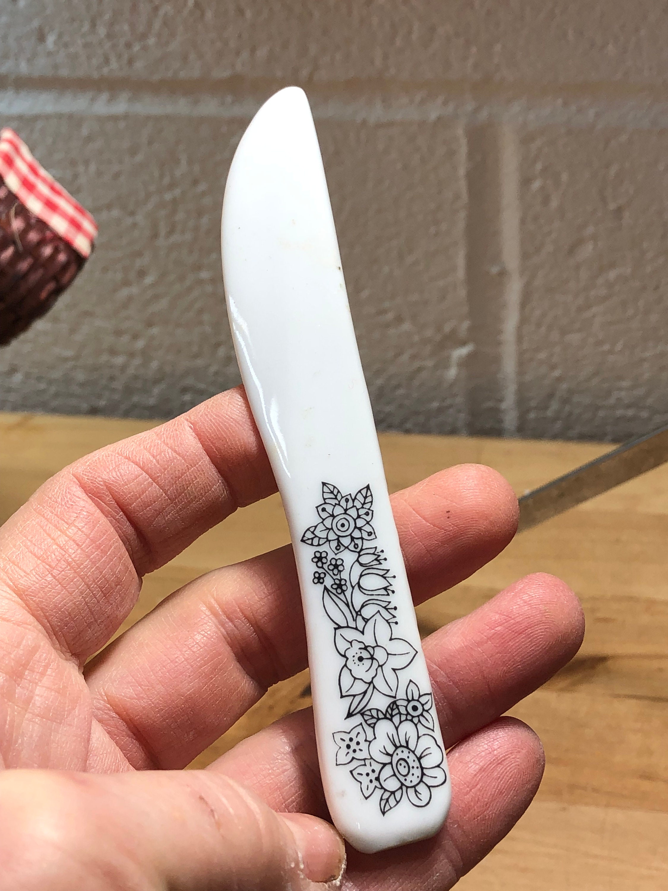 White Glass Knife Set, Vintage White and Black Kitchen Knives, Cottage