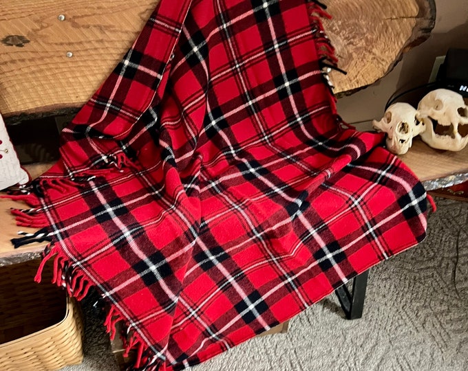 Plaid Vintage Throw, Fringed Red and Black Blanket, Rustic Farmhouse Decor