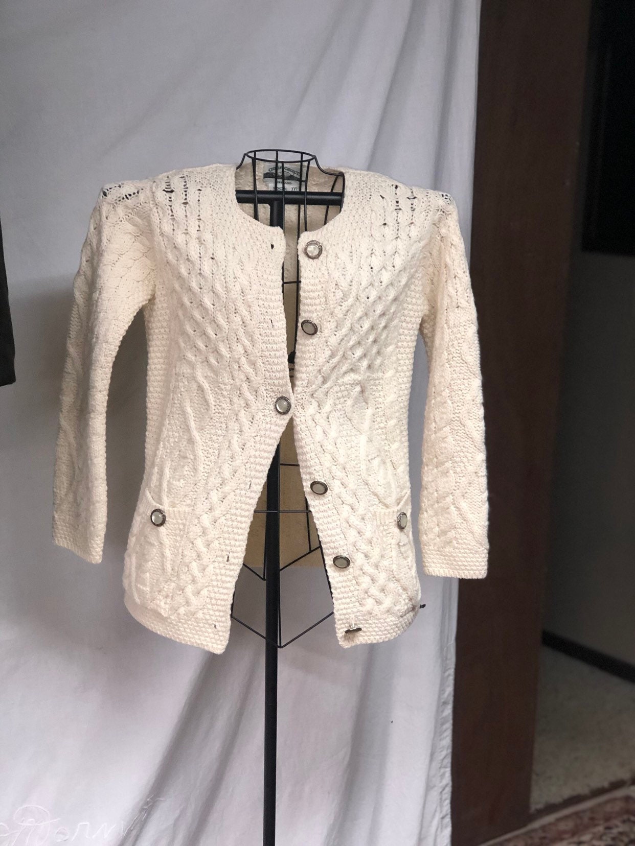 Women's White Cardigan Sweater ARAN CRAFTS Ireland Merino Wool