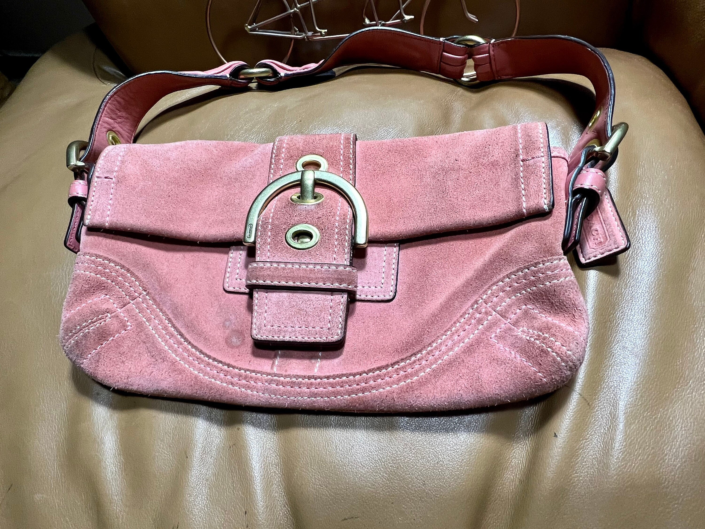 Coach Pink Monogram Brown Leather Flap Shoulder Bag Authentic B0894-F10926 USA Made