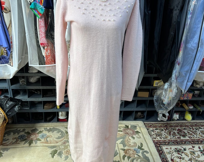 Pink Wool Angora Winter Dress, Vintage Faux Pearl Formal Sweater Dress