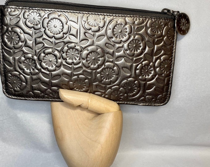 Leather change purse wallet, floral metallic small clutch, travel bag