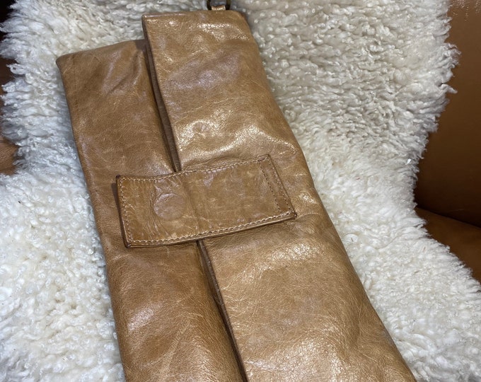 Leather clutch handbag, Gold fashion purse, mod style bag