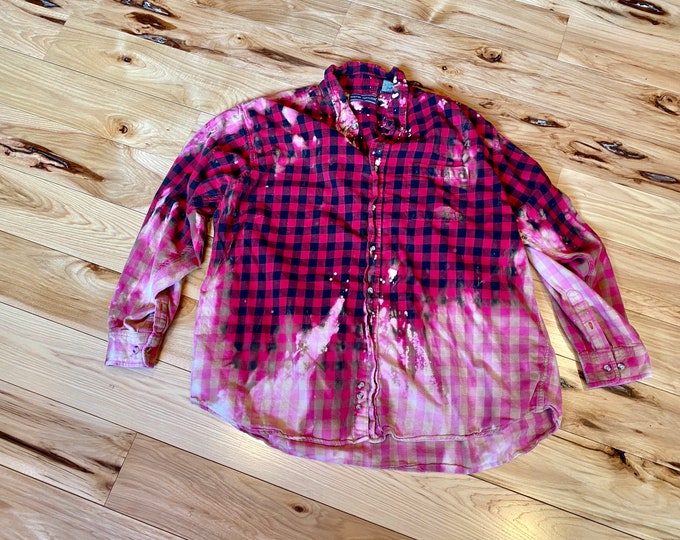 Faded Flannel Shirt, red and black check distressed shirt, up cycled style concert shirt