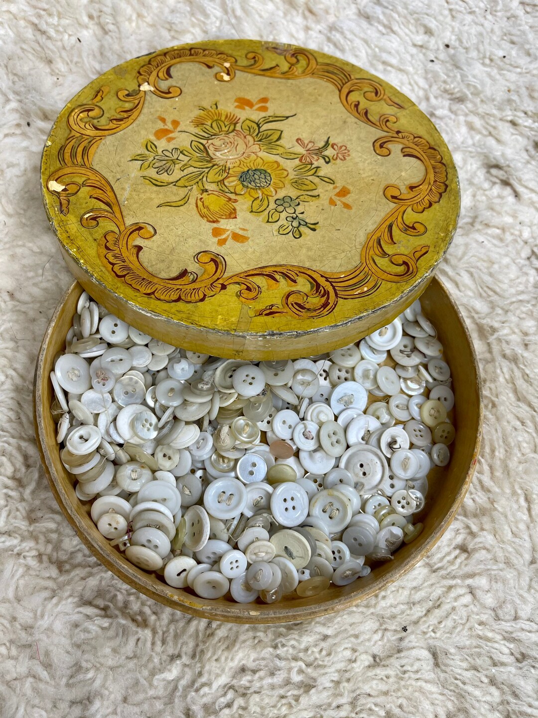 Antique Button Box, Lot of Collectible Buttons, Country Cottage Chic