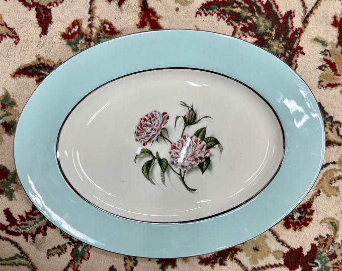 Candy Cane Rose Pattern with Teal Trim, Christmas Holiday Platter, Cottage Chic