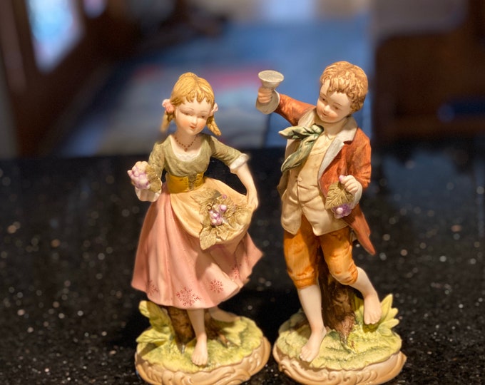 vintage statues, Andrea by Sadek Figurines, Boy & Girl Holding Grapes Porcelain Figurines 7161