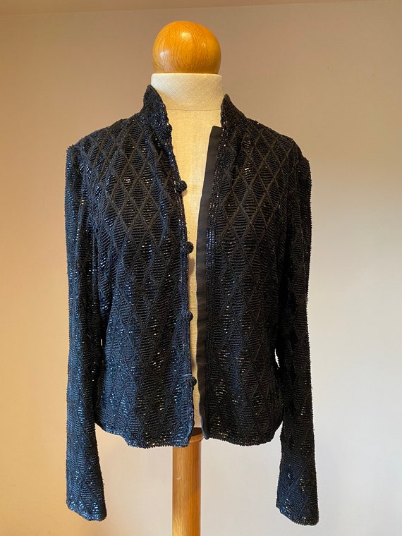 Black beaded formal women's jacket, retro fancy fashion glamour coat