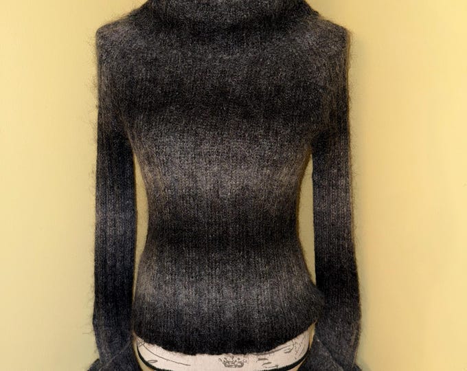 Mohair Sweater Turtleneck, Gray Black White Striped Pullover Top