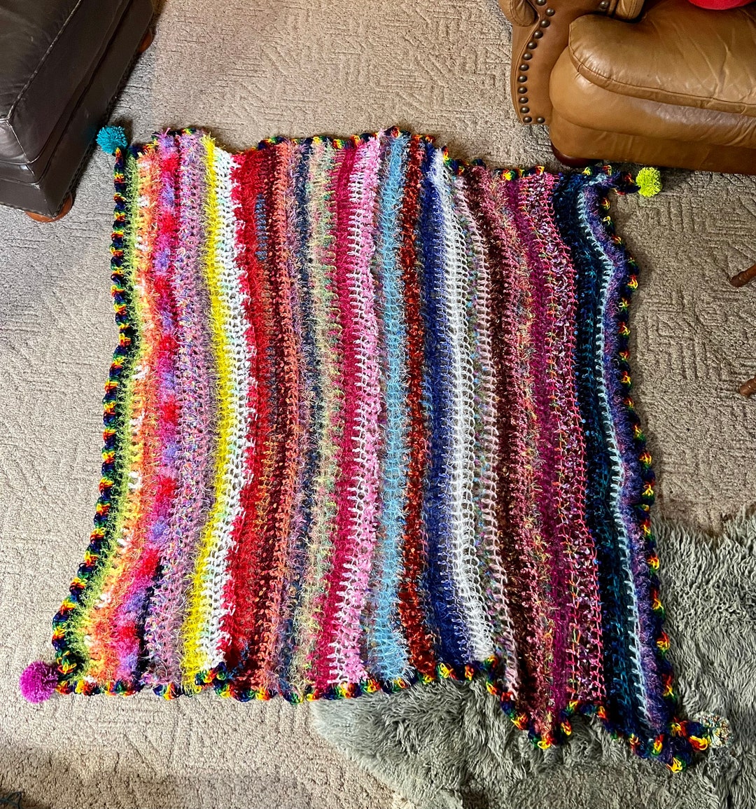 Afghan Boho Pom Pom Throw, Rainbow Wrap, Handmade Blanket Etsy