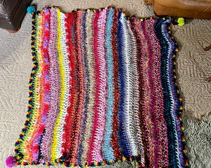 Afghan Boho Pom Pom Throw, Rainbow Wrap, Handmade Blanket