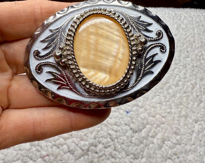 Country Western Belt Buckle, Unisex Southwestern Accessory, Yellow Silver Tone