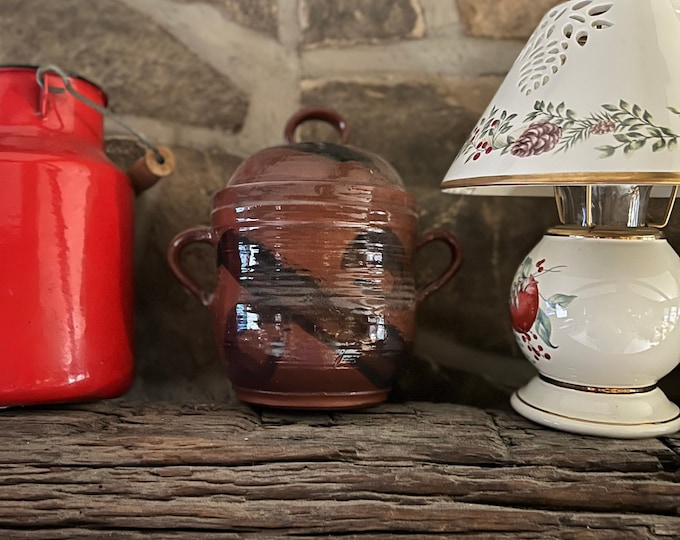 Antique Crock, Handmade Clay Pottery With Lid, Rustic Farmhouse Decor