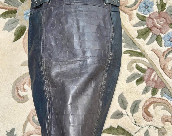 Gray Leather Skirt, Zipper Embellishments, Casual Formal Business Party