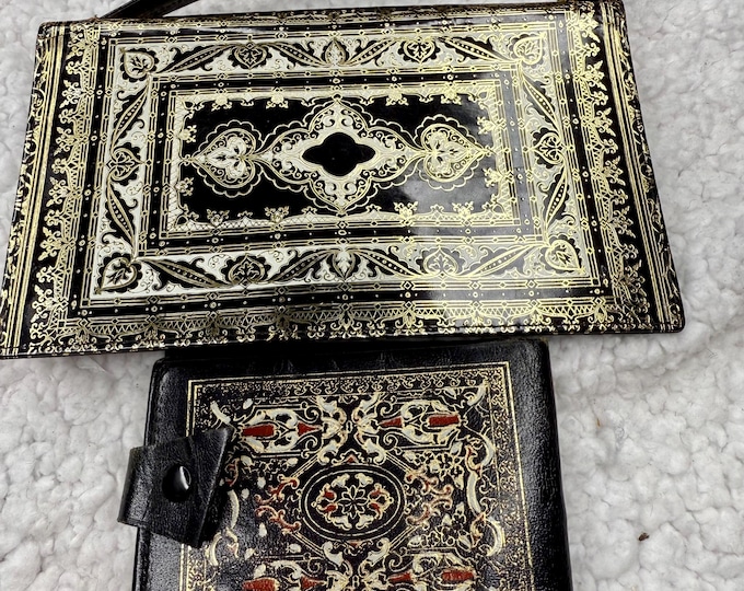 Antique Black Leather Handbag and Wallet, Gold Embossed Art Deco California Saddle Finish