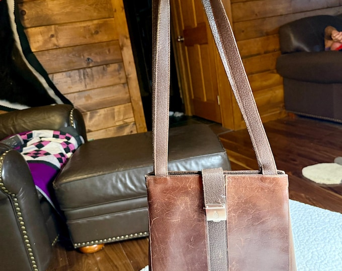 Mark Cross Brown Leather Handbag, Shoulder Satchel, Unisex Purse, Tote Bag