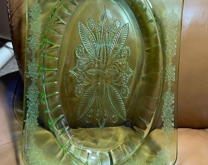 Green Depression Glass Platter, Etched Vintage Serving Tray, Holiday Plate
