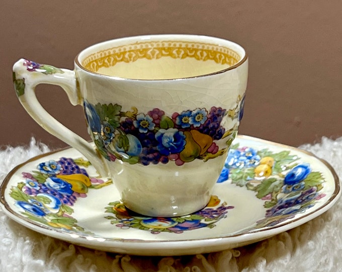 Crown Ducal Florentine Tea Cup and Saucer, Vintage Blue Fruit Floral Tea Set, Replacement China