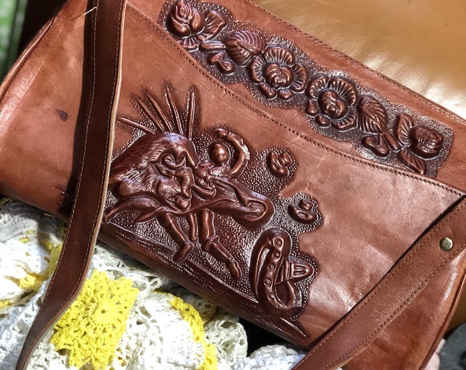 Embossed Leather Vintage Handbag, Bull Fighter Leather Craft Purse - Retro Carved Leather Bag