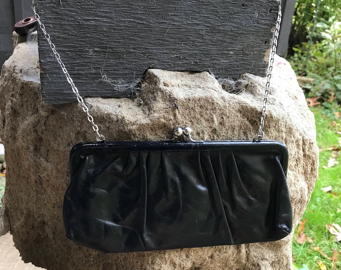 Black Leather Evening Handbag, Vintage Cocktail Bag, Formal Fashion Purse