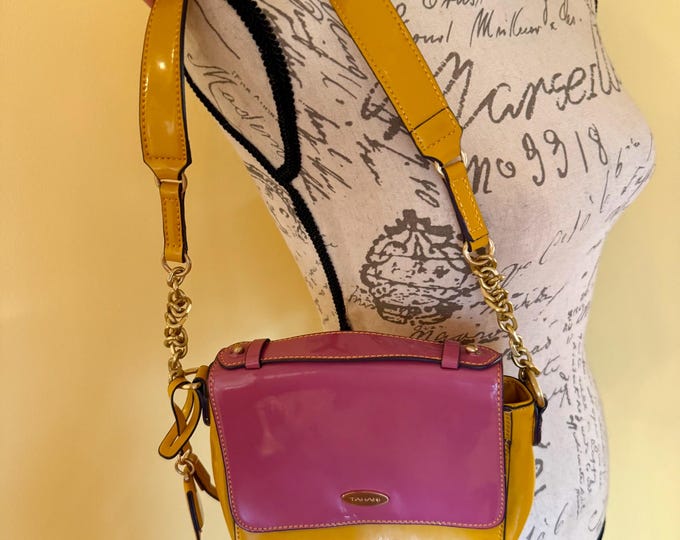 Shoulder Handbag, Tahari Pink and Yellow Faux Patent Leather Y2k Easter
