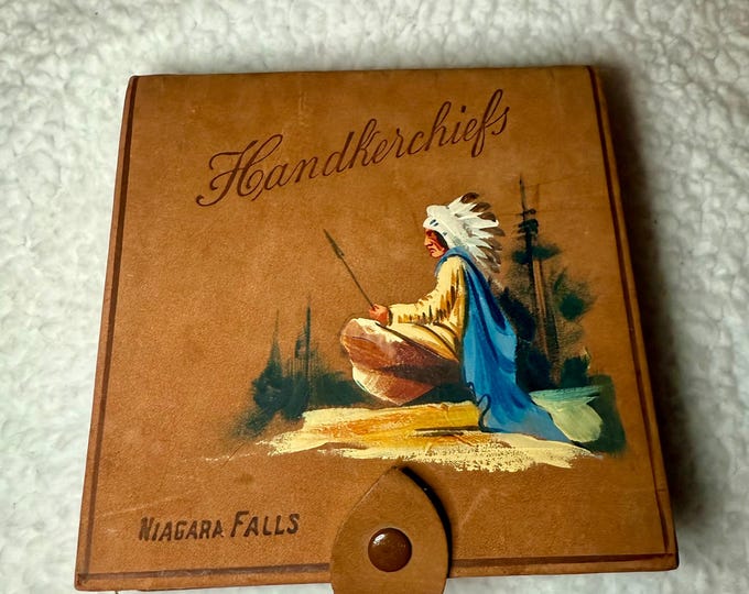 Handkerchief Box, Hand Painted Vintage Indigenous American Indian Chief, Unisex Scarf Storage Box Niagara Falls Souvenir
