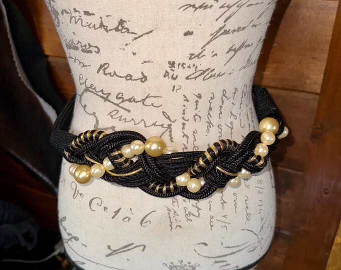 Belt Macrame Braided Faux Pearls Black White Gold Waist Fashion Accessory