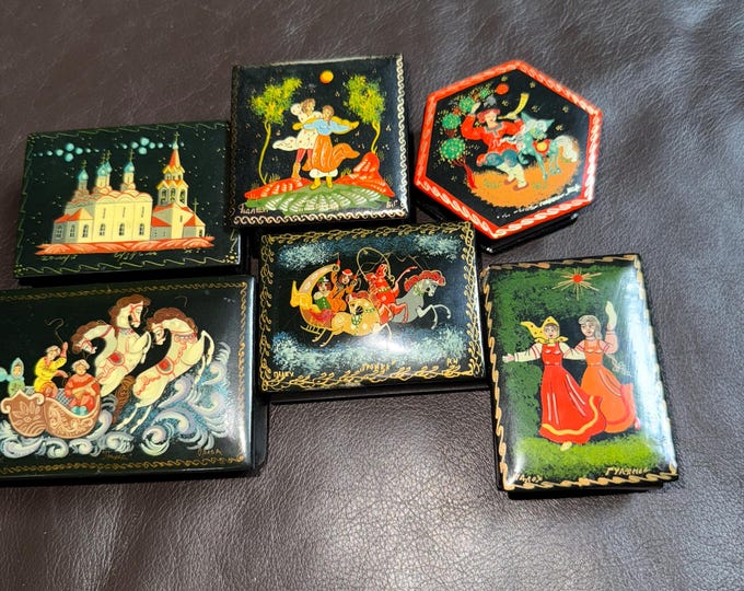 Minature Trinket Boxes Lot, Hand Painted Russian Laquer Jewelry Boxes Collectibles