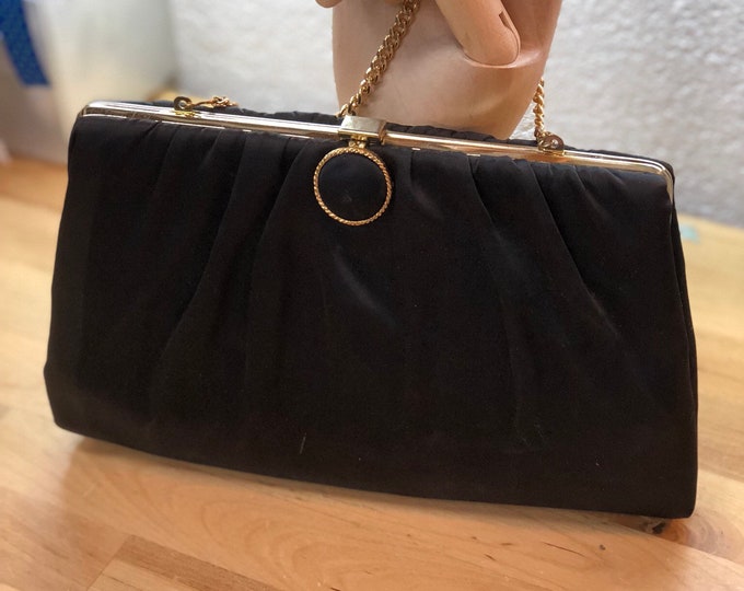 Black Formal Vintage Handbag with Gold Trimming, Retro Evening Cocktail Bag