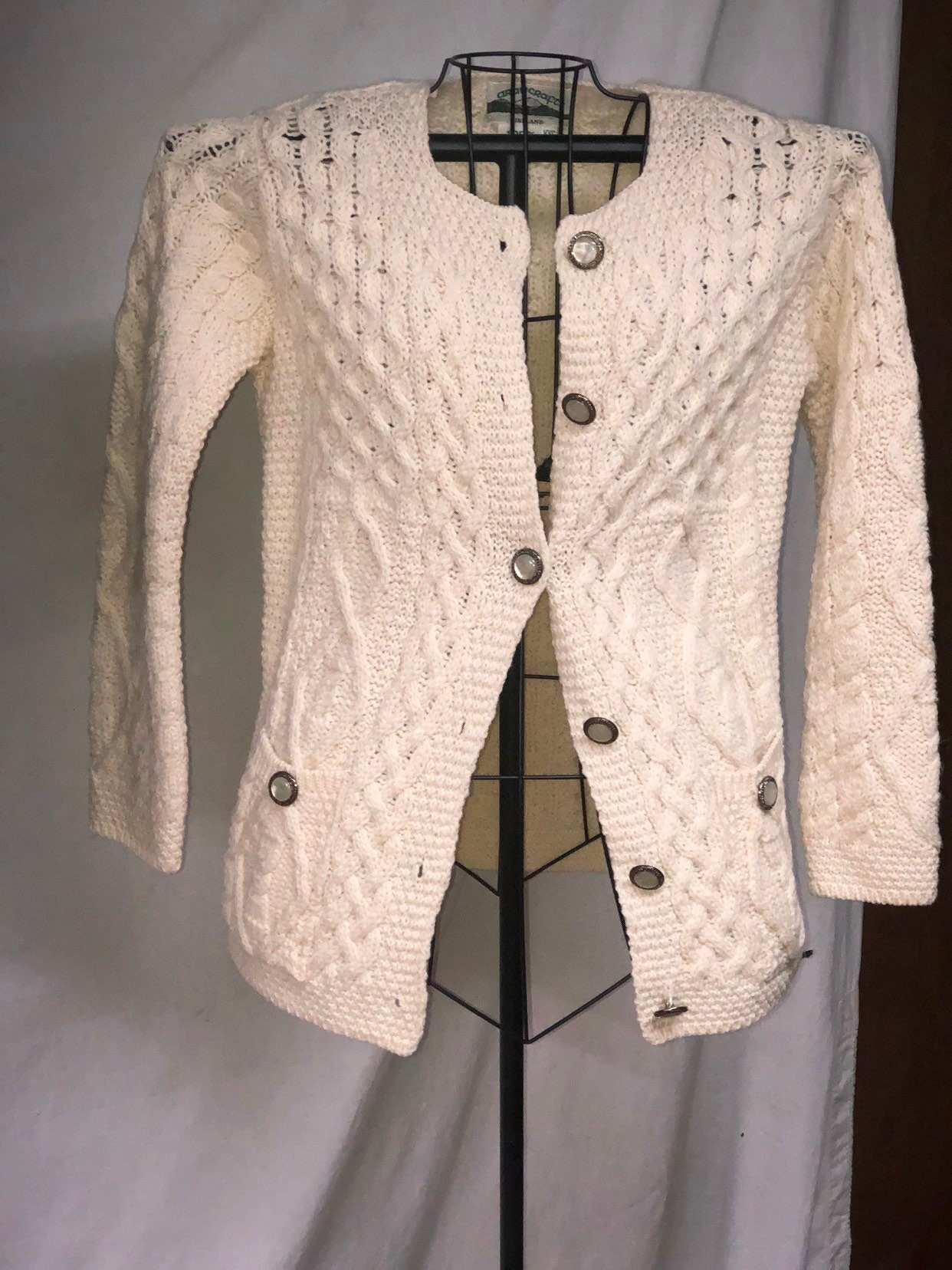 Women's White Cardigan Sweater ARAN CRAFTS Ireland Merino Wool Fishermans Cable Knit Button