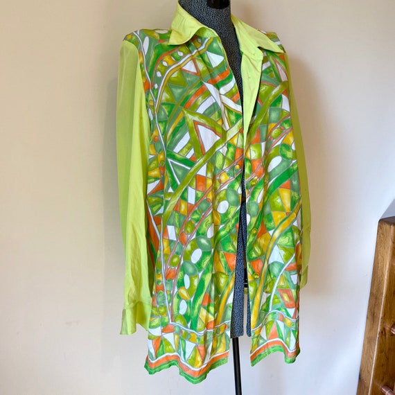 Chartreuse Silk Blouse, Geometric Print Summer Shi